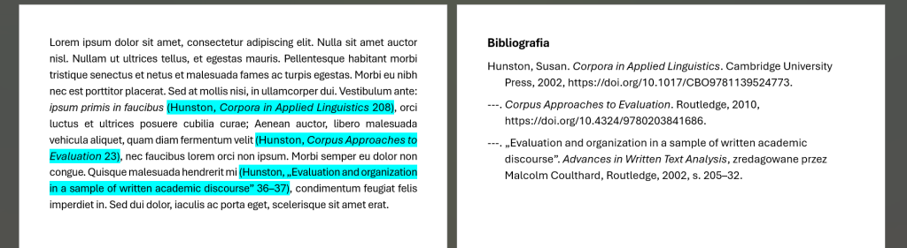 Rysunek 4. Odnośniki bibliograficzne w stylu MLA 9 – kilka publikacji jednego autora